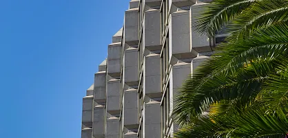 Madrid – tiered modernist building façade with a palm tree